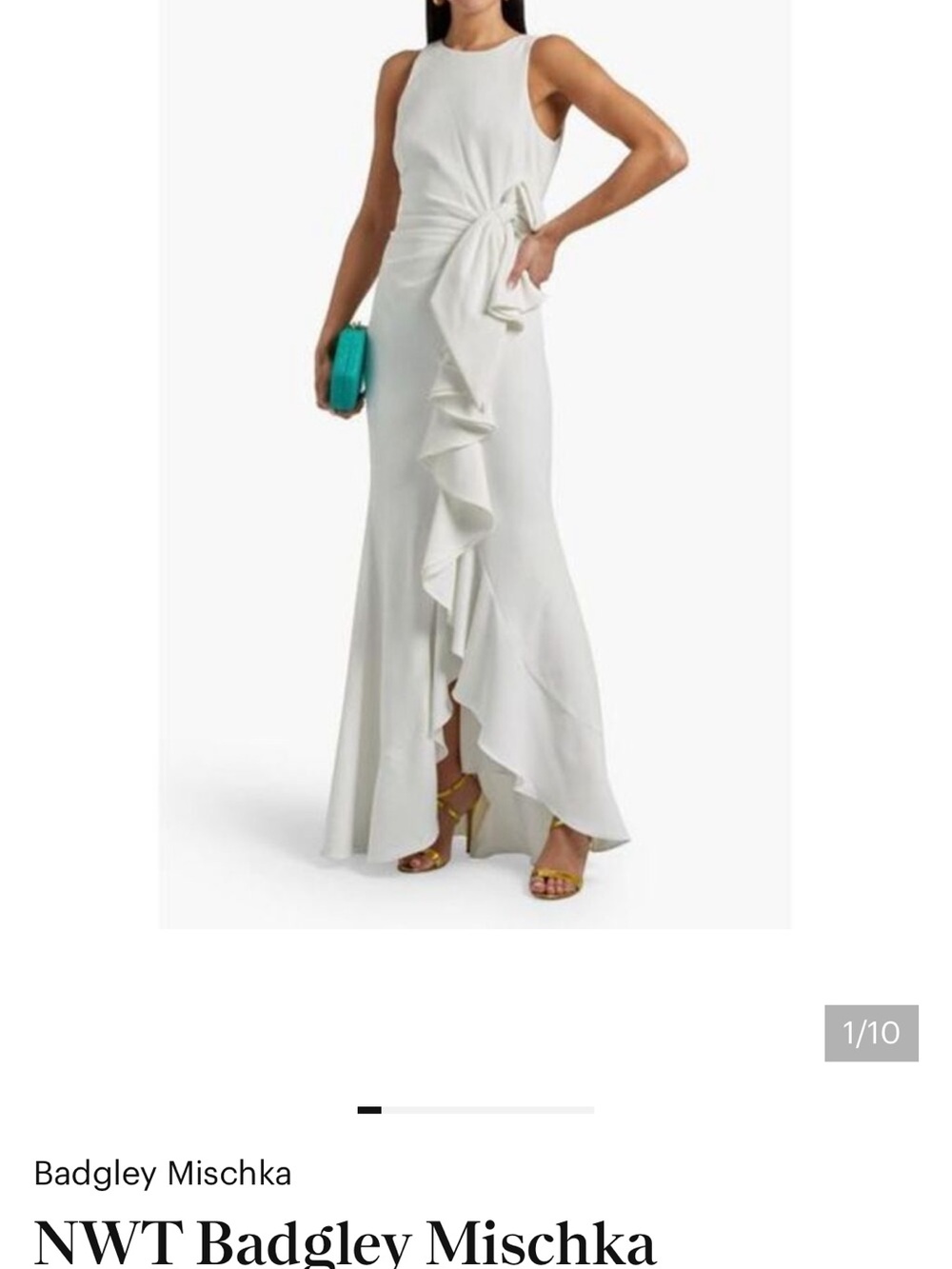 Badgley Mischka Ivory Ruffle-Front Maxi Gown